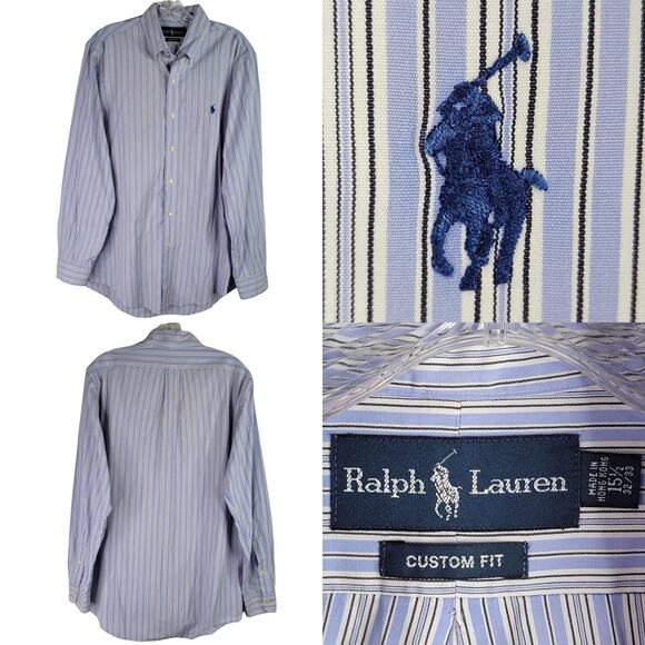 Polo Ralph Lauren Shirt Men's Size Medium 15.5 Blue Stripe LS Button Down - Picture 1 of 8